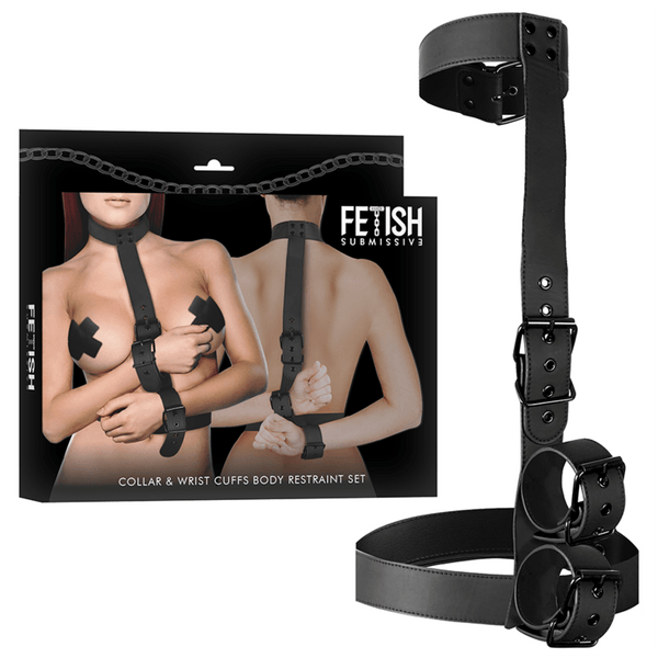 FETISH SUBMISSIVE BONDAGE - KRAGEN UND HANDGELENKMANSCHETTEN-KÖRPERFESTLEGE-SET - INTIM SPACE Online Sexshop