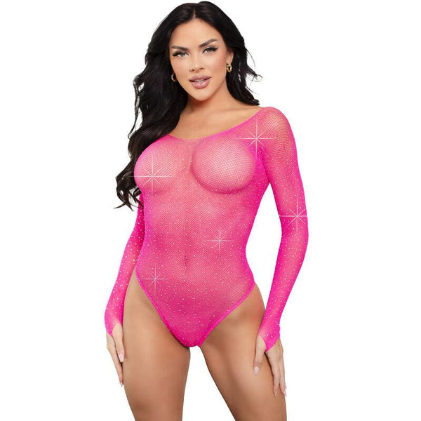 LEG AVENUE - LANGÄRMELIGER BODYSUIT MIT KRISTALLMUSTER IN PINK - INTIM SPACE Online Sexshop