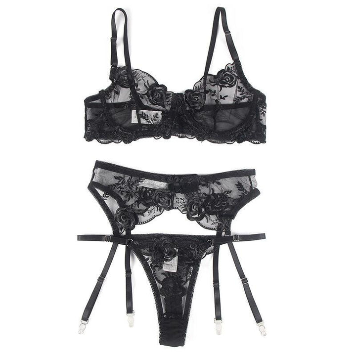 SUBBLIME - 3-TEILIGES SET BH - STRING - STRUMPFBAND BLUMENPRINT SCHWARZ S/M - INTIM SPACE Online Sexshop