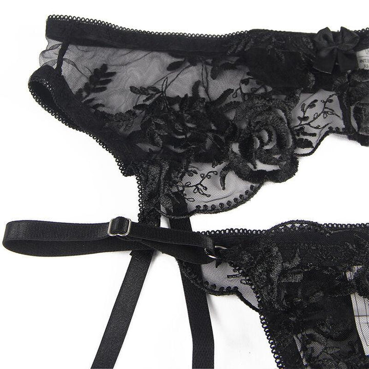 SUBBLIME - 3-TEILIGES SET BH - STRING - STRUMPFBAND BLUMENPRINT SCHWARZ S/M - INTIM SPACE Online Sexshop