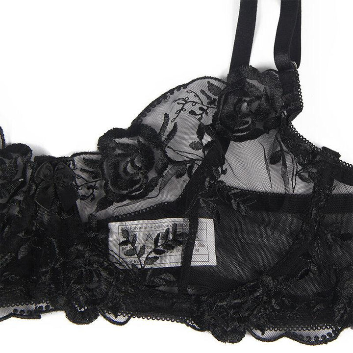 SUBBLIME - 3-TEILIGES SET BH - STRING - STRUMPFBAND BLUMENPRINT SCHWARZ S/M - INTIM SPACE Online Sexshop