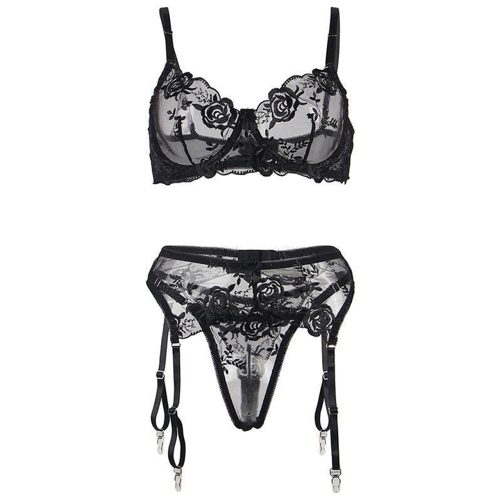 SUBBLIME - 3-TEILIGES SET BH - STRING - STRUMPFBAND BLUMENPRINT SCHWARZ S/M - INTIM SPACE Online Sexshop