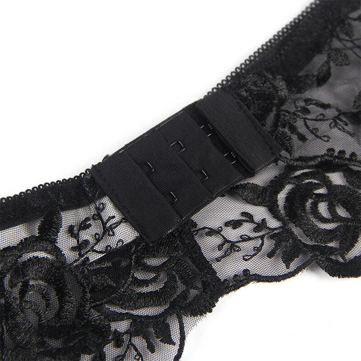 SUBBLIME - 3-TEILIGES SET BH - STRING - STRUMPFBAND BLUMENPRINT SCHWARZ S/M - INTIM SPACE Online Sexshop