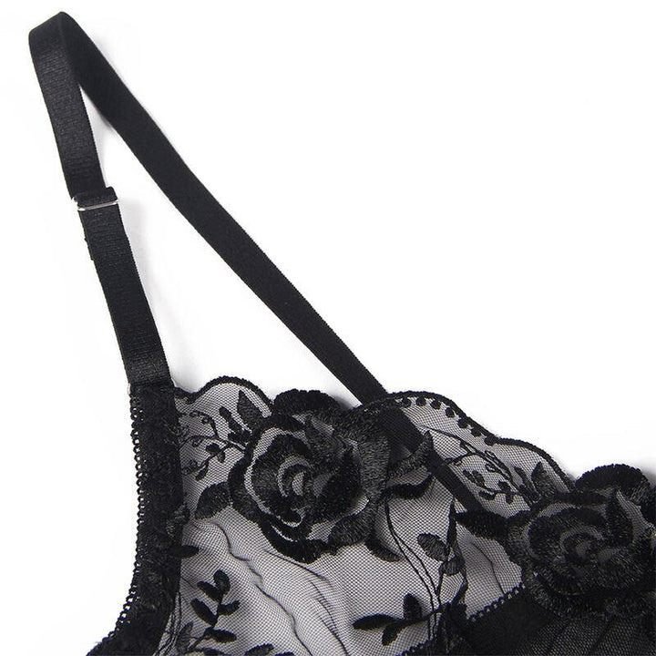 SUBBLIME - 3-TEILIGES SET BH - STRING - STRUMPFBAND BLUMENPRINT SCHWARZ S/M - INTIM SPACE Online Sexshop