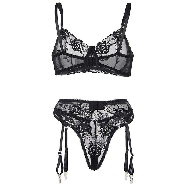 SUBBLIME - 3-TEILIGES SET BH - STRING - STRUMPFBAND BLUMENPRINT SCHWARZ S/M - INTIM SPACE Online Sexshop