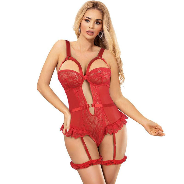 SUBBLIME - TEDDY MIT STRUMPFBAND MIT SPITZENDETAIL UND STREIFEN ROT L/XL - INTIM SPACE Online Sexshop