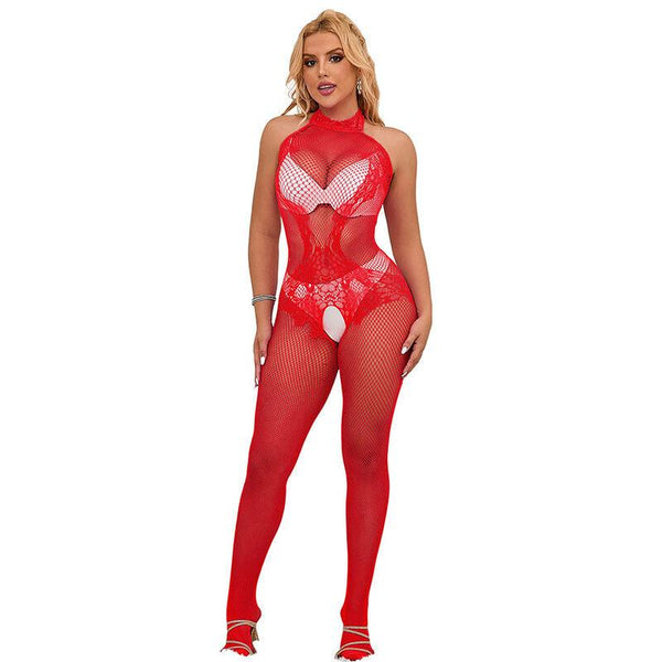 SUBBLIME - 952372 BODYSTOCKING AUS NETZ UND SPITZE MIT HOHER HALS UND OHNE SCHRITT ROT EINE GRÖSSE - INTIM SPACE Online Sexshop