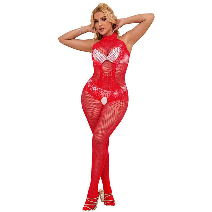 SUBBLIME - 952372 BODYSTOCKING AUS NETZ UND SPITZE MIT HOHER HALS UND OHNE SCHRITT ROT EINE GRÖSSE - INTIM SPACE Online Sexshop