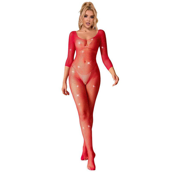 SUBBLIME - 952419 NETZ-BODYSTOCKING MIT DIAMANTEN LANGARM ROT EINE GRÖSSE - INTIM SPACE Online Sexshop