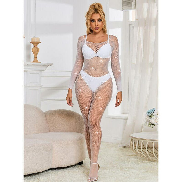 SUBBLIME - 952396 NETZ-BODYSTOCKING MIT DIAMANTEN LANGARM WEISS EINE GRÖSSE - INTIM SPACE Online Sexshop