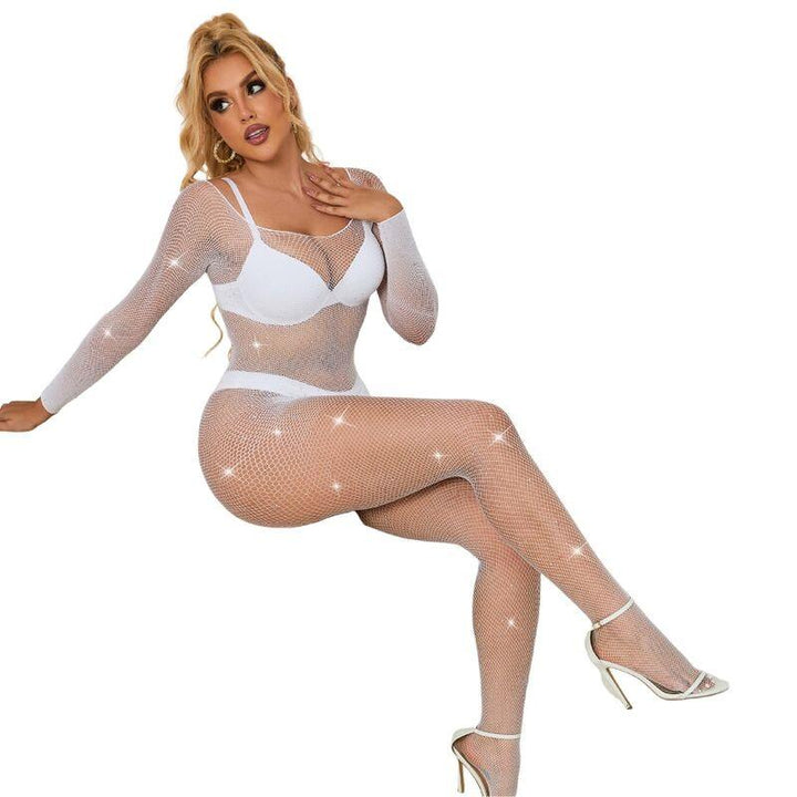 SUBBLIME - 952396 NETZ-BODYSTOCKING MIT DIAMANTEN LANGARM WEISS EINE GRÖSSE - INTIM SPACE Online Sexshop