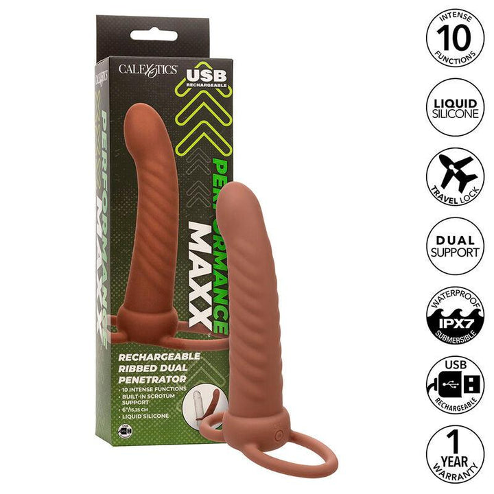 CALEXOTICS - MAXX RIBBED DUAL PENETRATOR 10 VIBRATIONEN BRAUN - INTIM SPACE Online Sexshop