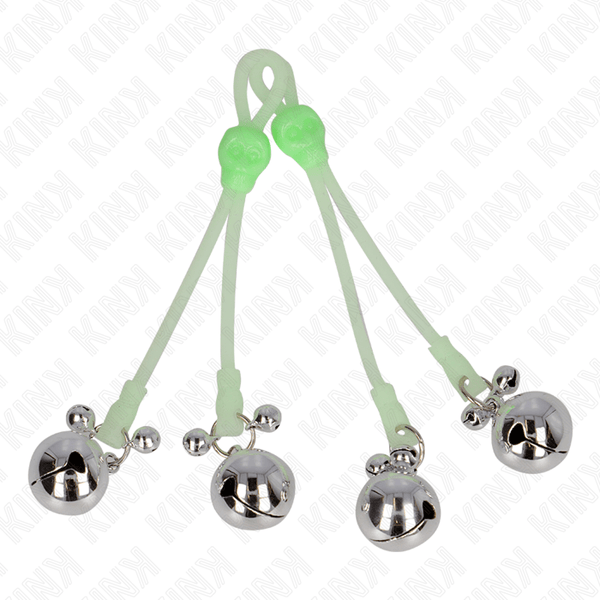 KINK - LEUCHTENDE TOTENKOPF-NIPPELKLAMMERN MIT RINGGLÖCKCHEN VERSTELLBAR GRÜN/SILBER - INTIM SPACE Online Sexshop