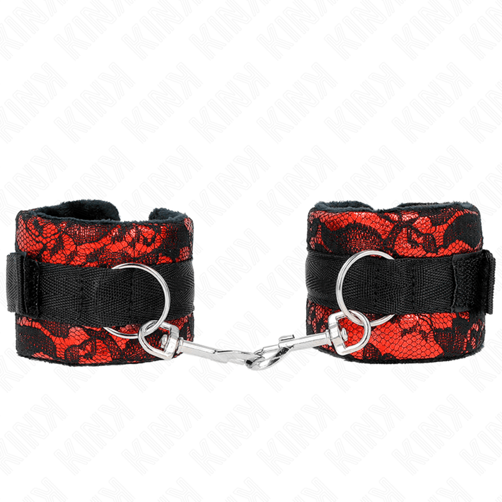 KINK - KURZE HANDGELENKSFESSELN AUS SAMTSPITZE UND NYLONFESSEL ROT/SCHWARZ 23 - 6,5 CM - INTIM SPACE Online Sexshop