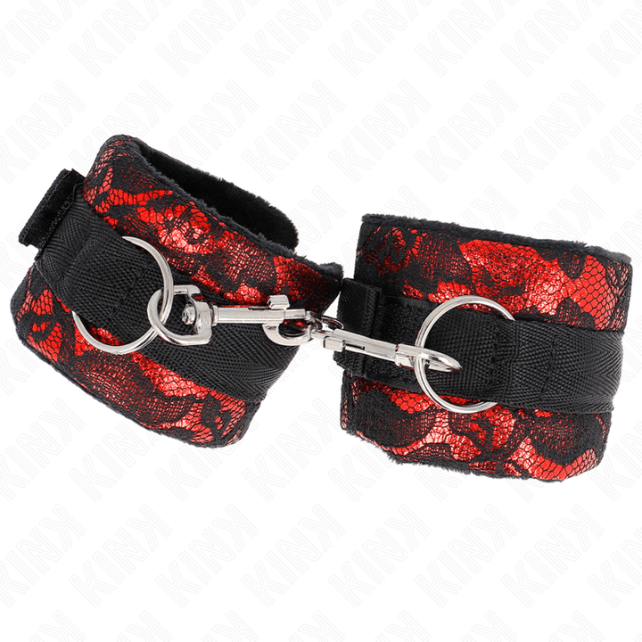 KINK - KURZE HANDGELENKSFESSELN AUS SAMTSPITZE UND NYLONFESSEL ROT/SCHWARZ 23 - 6,5 CM - INTIM SPACE Online Sexshop