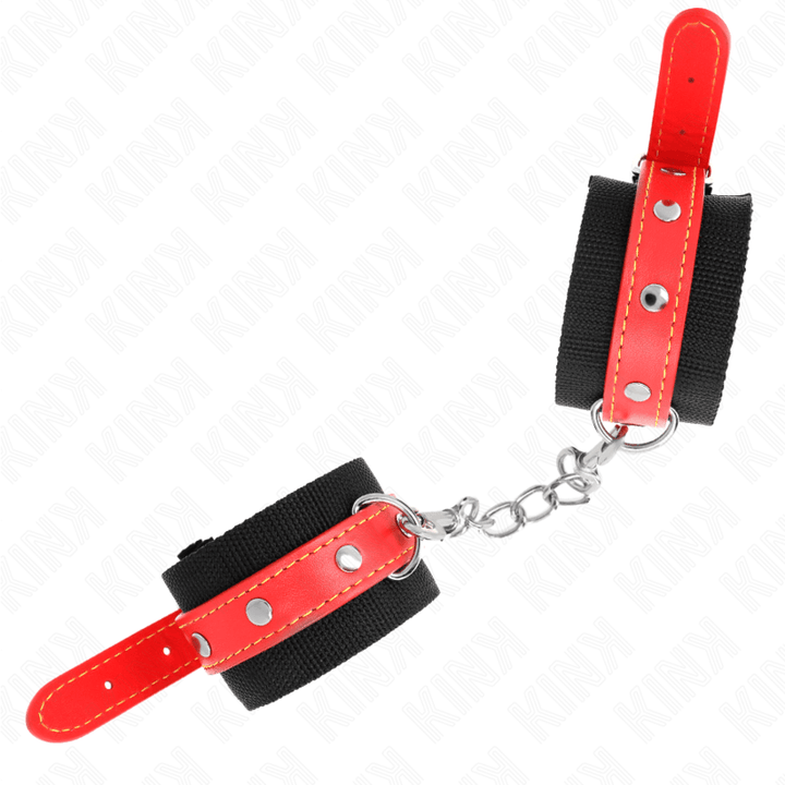 KINK - NYLON HANDGELENKFESSELN SCHWARZ MIT KUNSTLEDER ROT VERSTELLBAR 19-24 CM - 5,5 CM - INTIM SPACE Online Sexshop