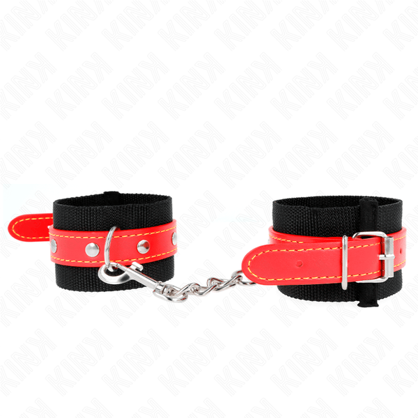 KINK - NYLON HANDGELENKFESSELN SCHWARZ MIT KUNSTLEDER ROT VERSTELLBAR 19-24 CM - 5,5 CM - INTIM SPACE Online Sexshop