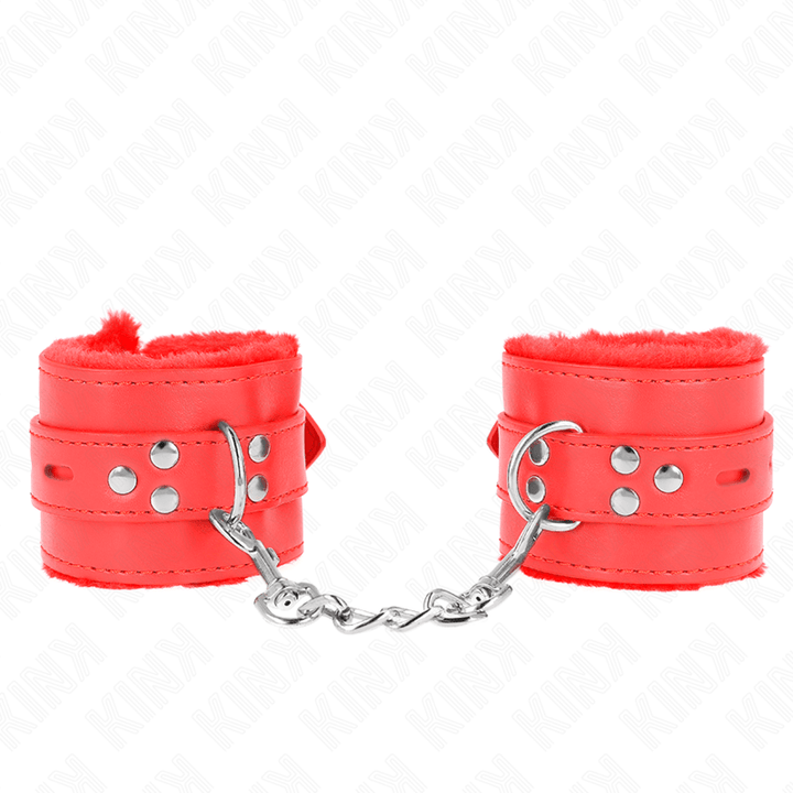 KINK - PELZGEFÜTTERTE HANDGELENKFESSELN MIT QUADRATISCHEN LÖCHERN, ROT UND ROTER GÜRTEL, VERSTELLBAR 17-29 CM - 6 CM - INTIM SPACE Online Sexshop