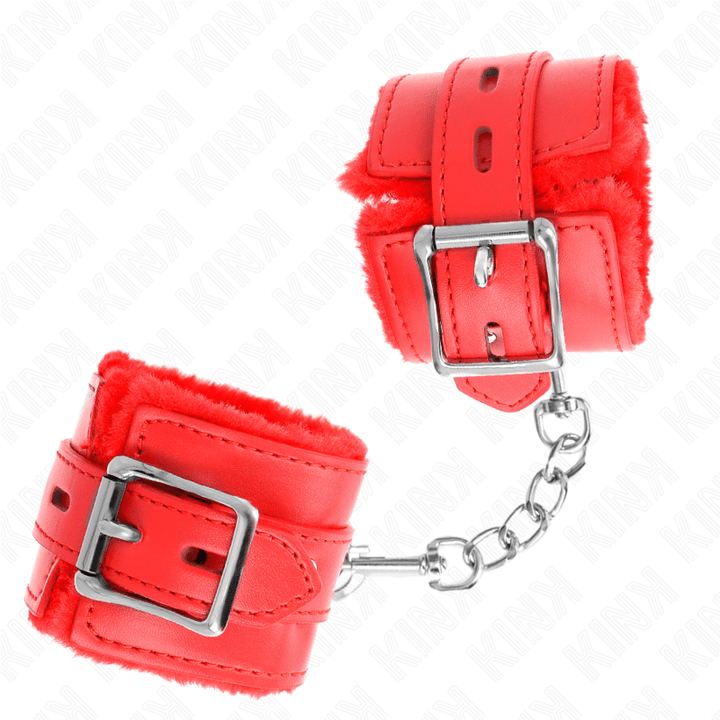 KINK - PELZGEFÜTTERTE HANDGELENKFESSELN MIT QUADRATISCHEN LÖCHERN, ROT UND ROTER GÜRTEL, VERSTELLBAR 17-29 CM - 6 CM - INTIM SPACE Online Sexshop