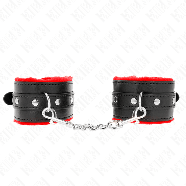 KINK - PREMIUM PELZGEFÜTTERTE HANDGELENKFESSELN ROT MIT SCHWARZEM GÜRTEL VERSTELLBAR 17-29 CM - 6 CM - INTIM SPACE Online Sexshop