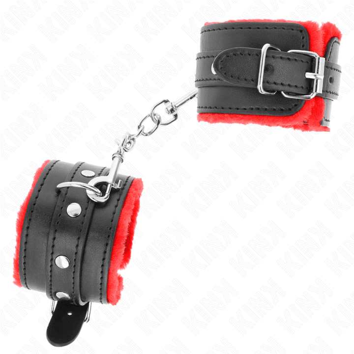 KINK - PREMIUM PELZGEFÜTTERTE HANDGELENKFESSELN ROT MIT SCHWARZEM GÜRTEL VERSTELLBAR 17-29 CM - 6 CM - INTIM SPACE Online Sexshop