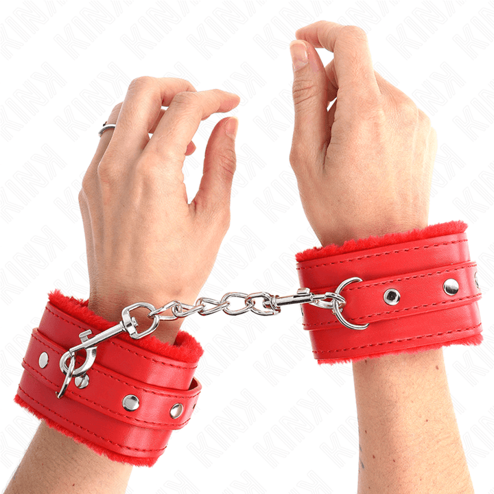 KINK - PREMIUM PELZGEFÜTTERTE HANDGELENKFESSELN ROT MIT ROTEM GÜRTEL VERSTELLBAR 17-29 CM - 6 CM - INTIM SPACE Online Sexshop