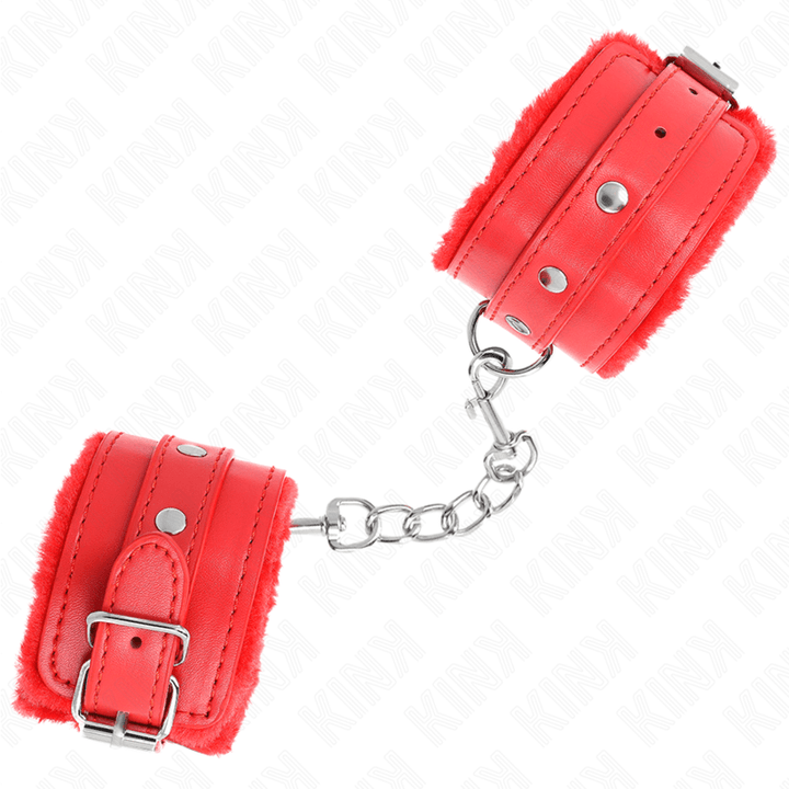 KINK - PREMIUM PELZGEFÜTTERTE HANDGELENKFESSELN ROT MIT ROTEM GÜRTEL VERSTELLBAR 17-29 CM - 6 CM - INTIM SPACE Online Sexshop