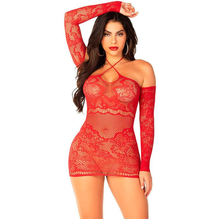 LEG AVENUE - OFF-SHOULDER LANGÄRMELIGES MESH-MINIKLEID ROT - INTIM SPACE Online Sexshop