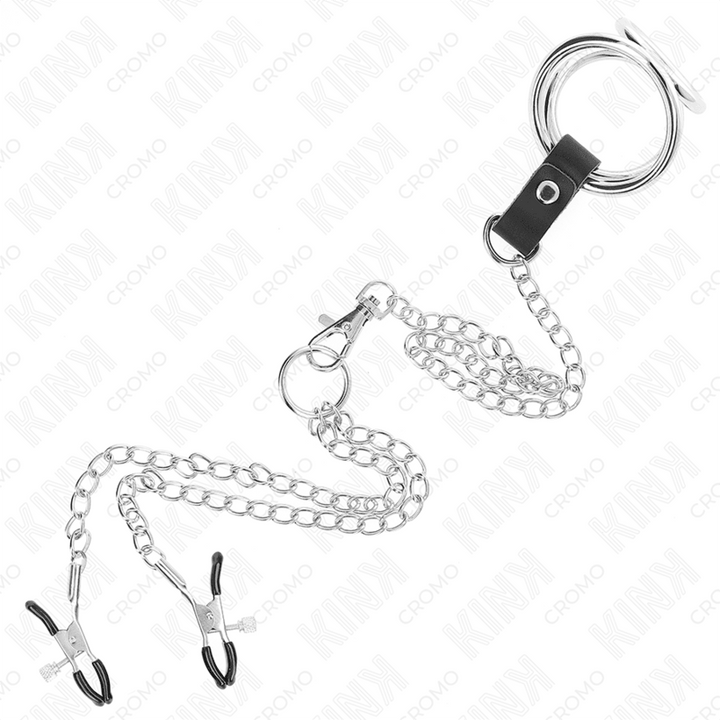 KINK - DREIFACH CHROM METALL PENISRING 3,8 CM BIS - CM MIT 26 CM METALLKETTE UND NIPPELKLEMMEN MODELL 1 - INTIM SPACE Online Sexshop