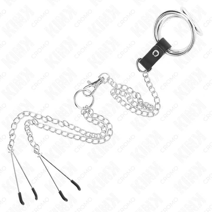 KINK - DREIFACH CHROM METALL PENISRING 3,8 CM BIS - CM MIT 26 CM METALLKETTE UND NIPPELKLEMMEN MODELL 2 - INTIM SPACE Online Sexshop