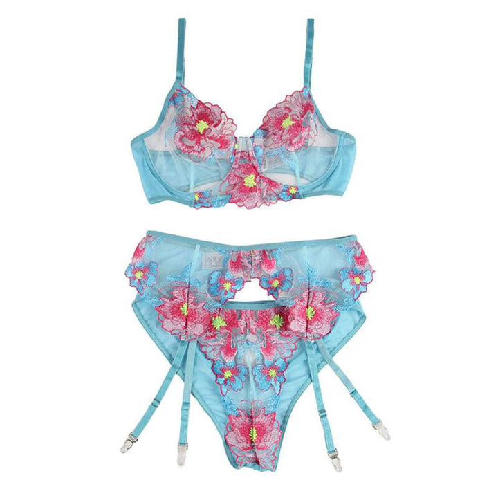 SUBBLIME - 954116 BH - HÖSCHEN MIT STRUMPFGÜRTEL BLUMENDESIGN BLAU L/XL - INTIM SPACE Online Sexshop