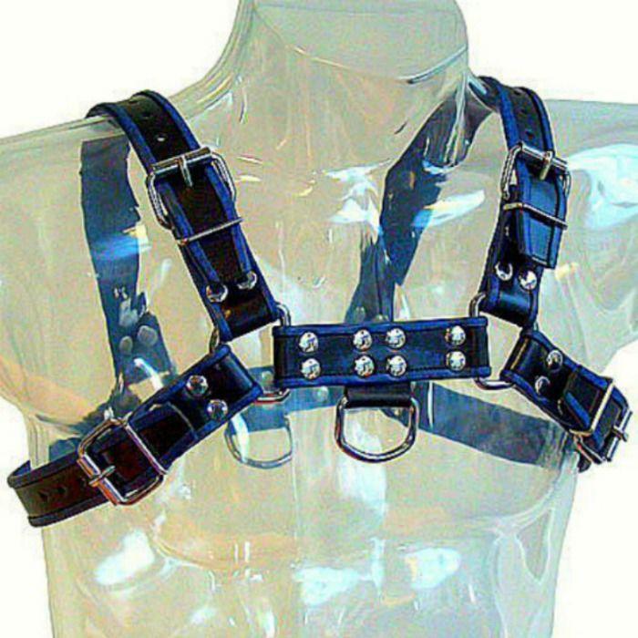 LEATHER BODY - BRUST BULLDOG HARNESS SCHWARZ - BLAU LEDER - INTIM SPACE Online Sexshop