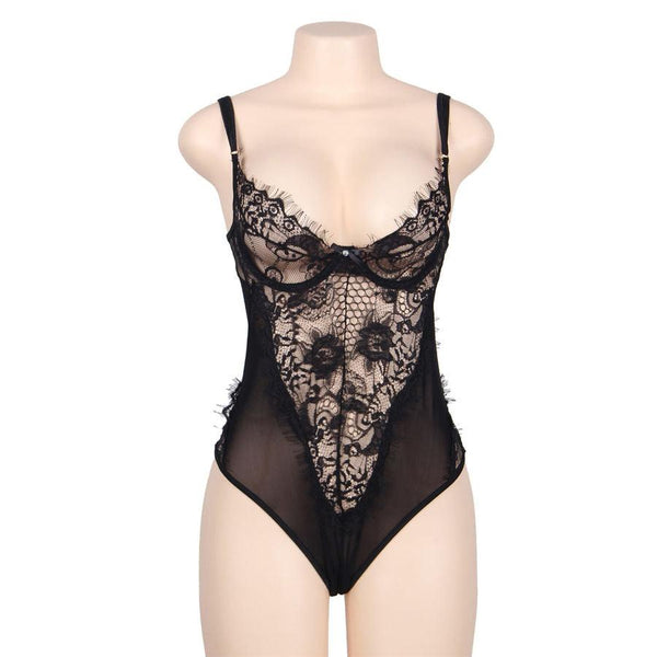 SUBBLIME - QUEEN PLUS FLORAL LACE UND FRINGED BLACK TEDDY - INTIM SPACE Online Sexshop